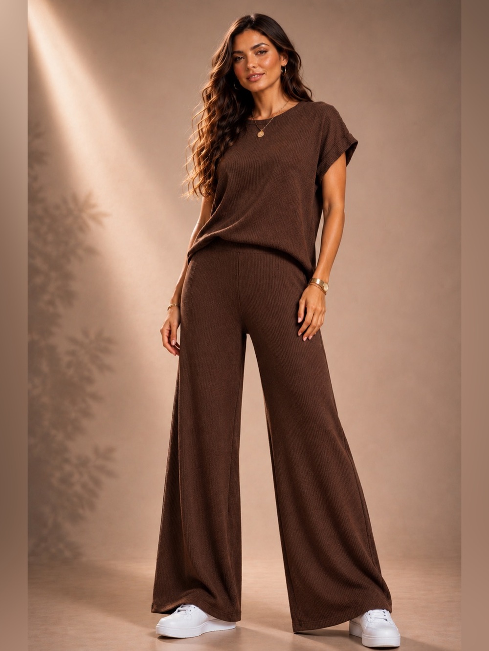 Women's Sweater Rolled Sleeve Top & Long Pants Set - BROWN